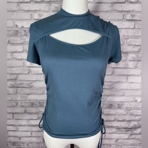 Vibe Teal Ribbed Short Sleeve Top with Front Cutout